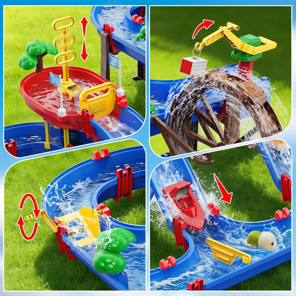 Vatos 2-Tier Water Table for Kids 3+, DIY Water Park Playset with Water Wheel and Pump, Outdoor Summer Water Toy