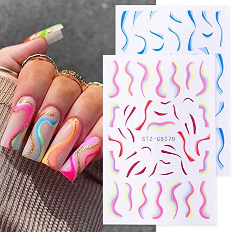 French Swirl Nail Art Stickers Calcomanías Nail Art Supplies French Swirl Lines Geometry Irregular Whirling Wave Cow Print Calcomanía en Nails Art Charms Manicure Slider Tip 6 Hojas JAMW Sencillez