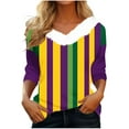 thumbnail image 2 of UPPADA Femmes T-Shirts à Manches 3/4 Mardi Gras Yall T-Shirts à Imprimé Floral Col Ras du Cou Blouse à devant Plissé Hauts d'Été Décontractés Chandail à Enfiler Haut Mode Fête Défilé Hauts Femmes T-Shirts à Manches 3/4 Liquidation, 2 of 5
