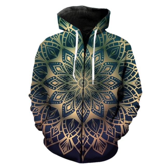 Sudadera con capucha y cremallera de mandala para hombre, estilo Harajuku, informal, unisex, con estampado 3D, de manga larga, de gran tamaño, estilo hip hop, con chaquetas y capucha.