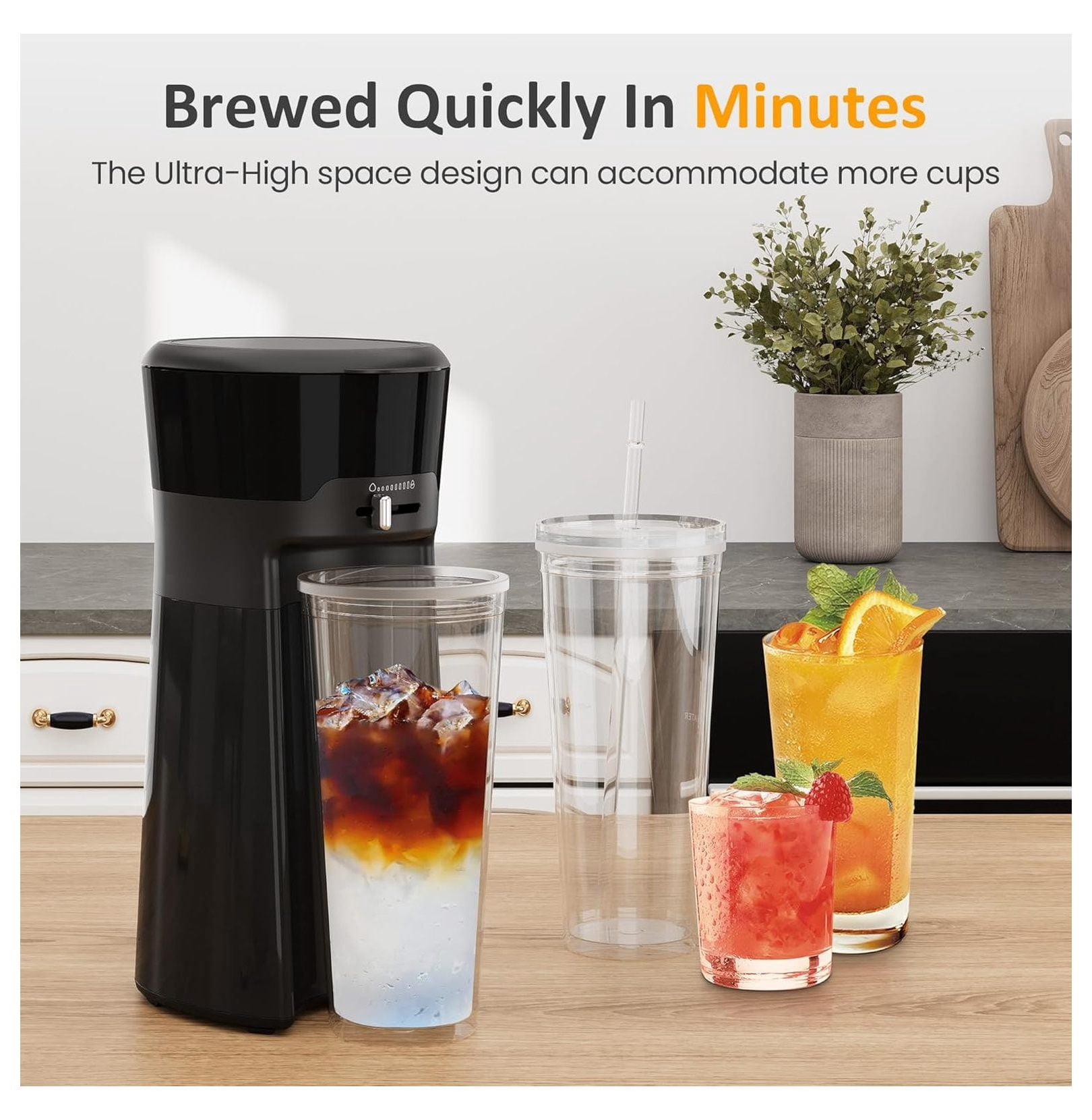 Iced Coffee Maker & Tea Brewer, 20oz Double Wall Cups, Single Serve, Strength Control, Portable Cold Brew System for Home & Office - Black