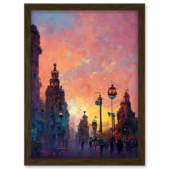 Prague City 1800's Sunset Painting Purple Pink Clouds Artwork Framed Wall Art Print A4