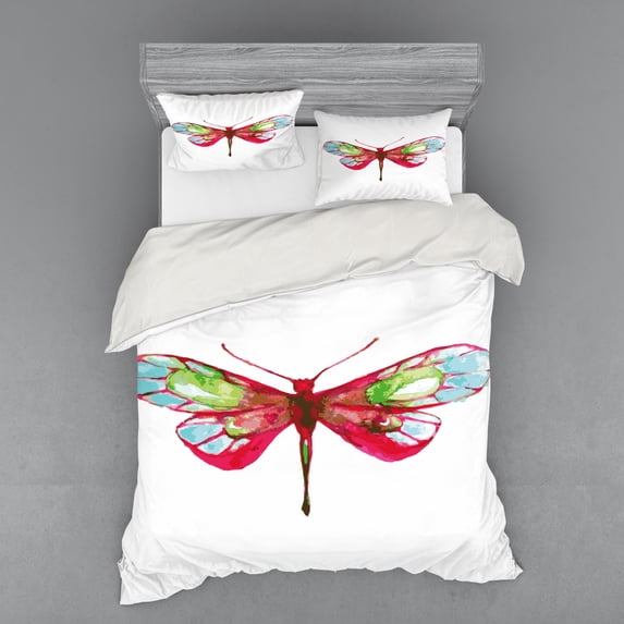 Ambesonne Abstract Bedding Set 4 Pcs, Watercolor Dragonfly, Queen, Hot Pink Green and Blue