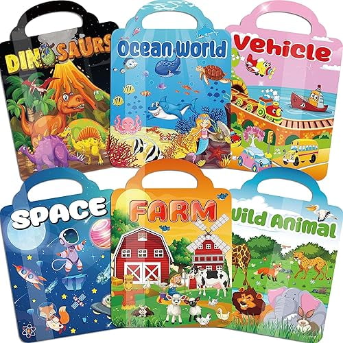 Kalysky Juego de 6 libros de pegatinas hinchadas para niños de 2 a 4 años, libros de pegatinas reutilizables 3D para niños pequeños de 1 a 3, 2 a 4 años, granja+animal+dinosaurios+mundo oceánico+espac