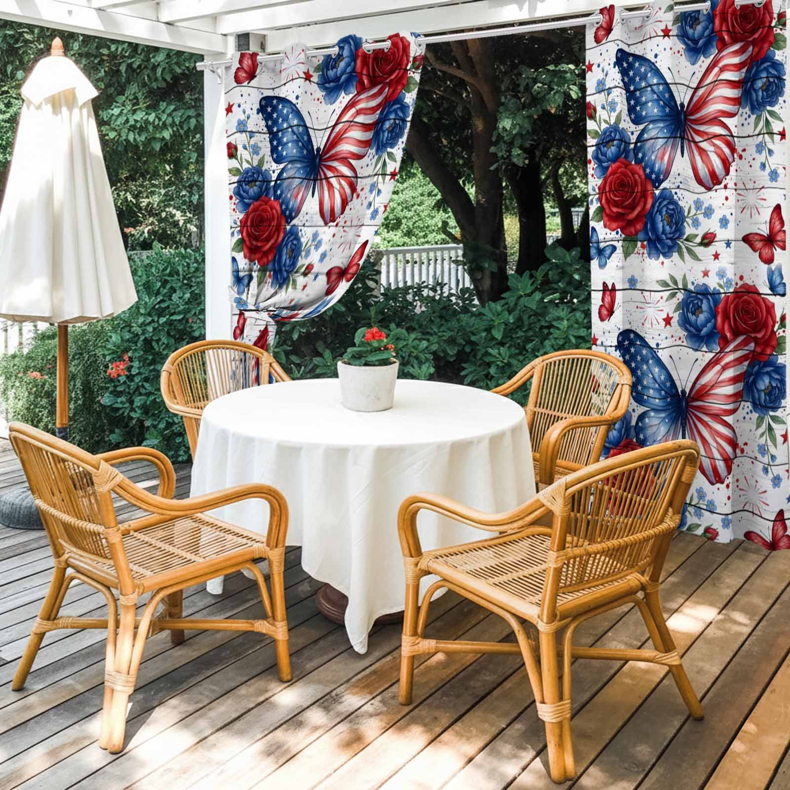 Independence Day Outdoor Curtains for Patio, American Flag Butterfly Blue Red Flower Country Wood Striped Sunshade Privacy Drapes Grommet Waterproof Outside Curtains for Porch 54"x108", 1 Panel