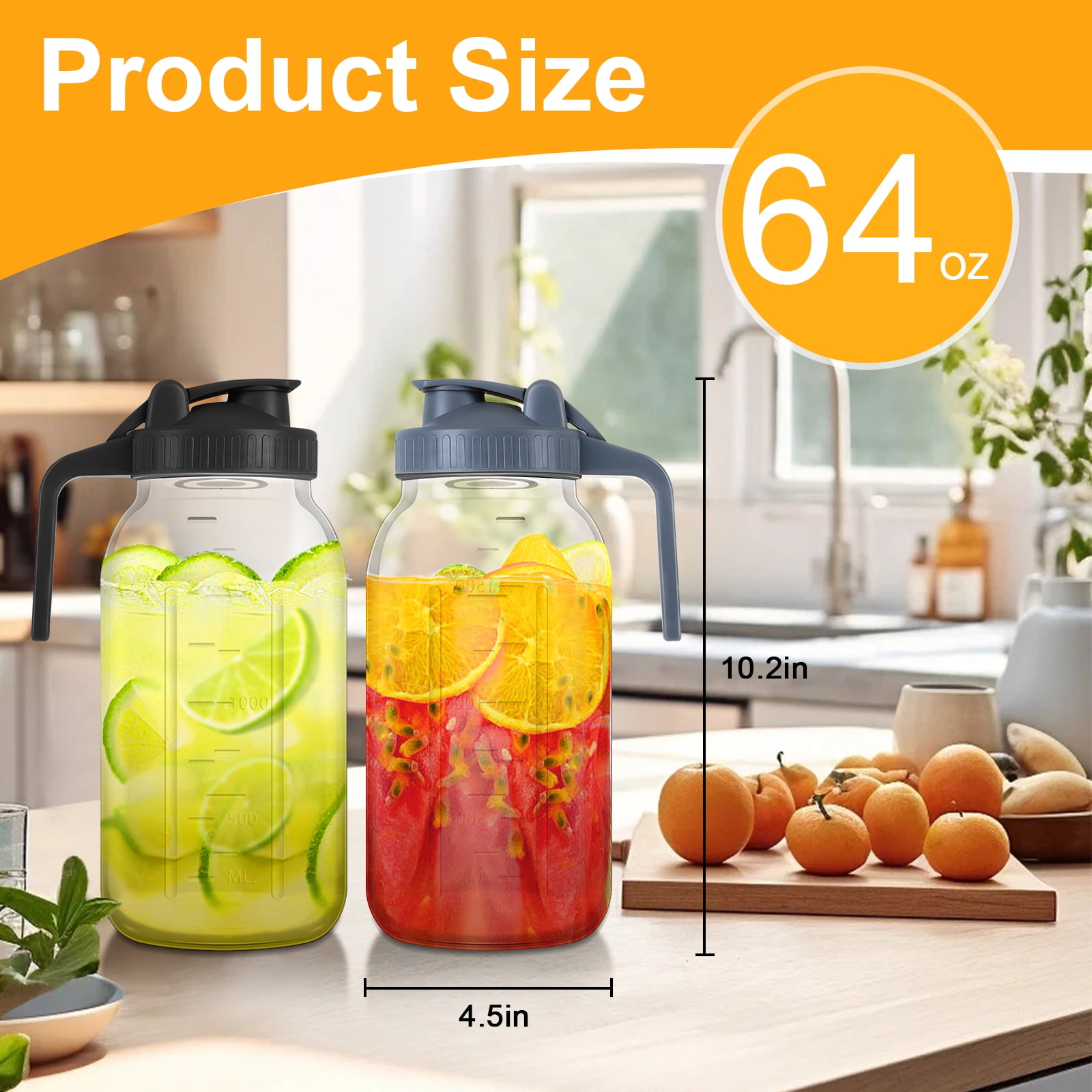 2 Pack 64 oz Glass Water Pitcher, Half Gallon Mason Jar Pitcher with Wide Mouth Airtight Lid for Ice Tea, Cold Brew Coffee, Fridge Water, Breast Milk, Juices, Leak Proof (Black+Gray)