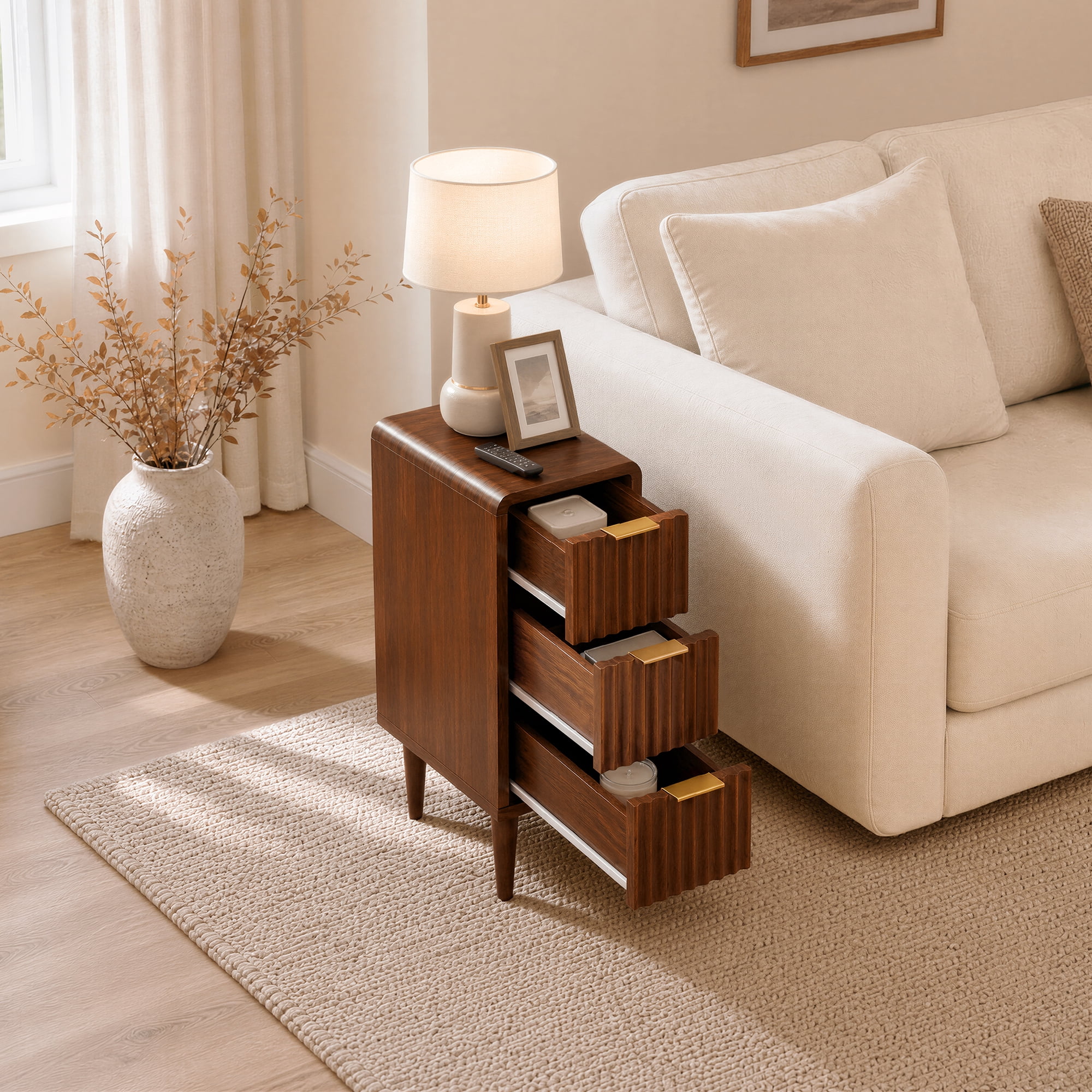 Spruce & Spring Mid-Century Modern Narrow Nightstand with 3 Drawers for Bedroom & End Table for Small Spaces, Fluted Front, Walnut