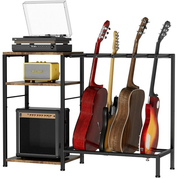Guitar Stand for 4 Guitars, Adjustable Multiple Guitars Rack with Soft-Padded Protector for Acoustic, Electric, Bass & Ukulele, Guitar Display Stand with 3-tier Shelves for Amp & Vinyl Records
