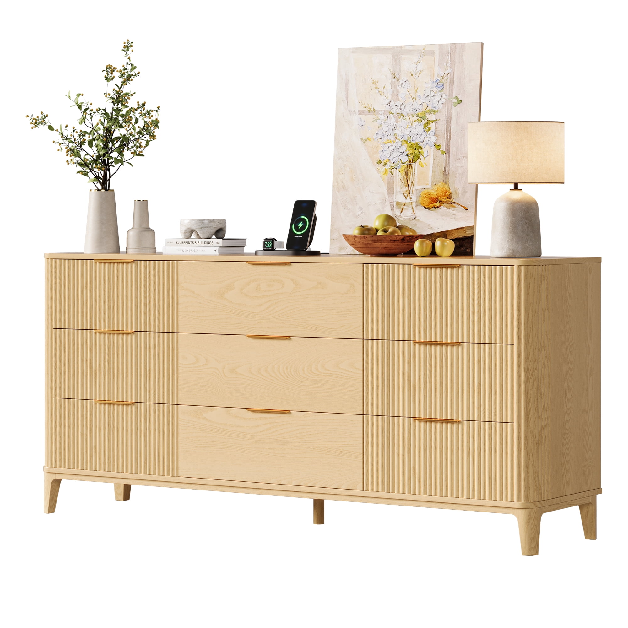 UGTOO 62.9" Extra length 9-Drawers Dresser, Natural Wood Storage Cabinet with Gold Handles Multi-Functional Organizer for Bedroom, Living Room & Kitchen, 25 lbs/Drawer Capacity