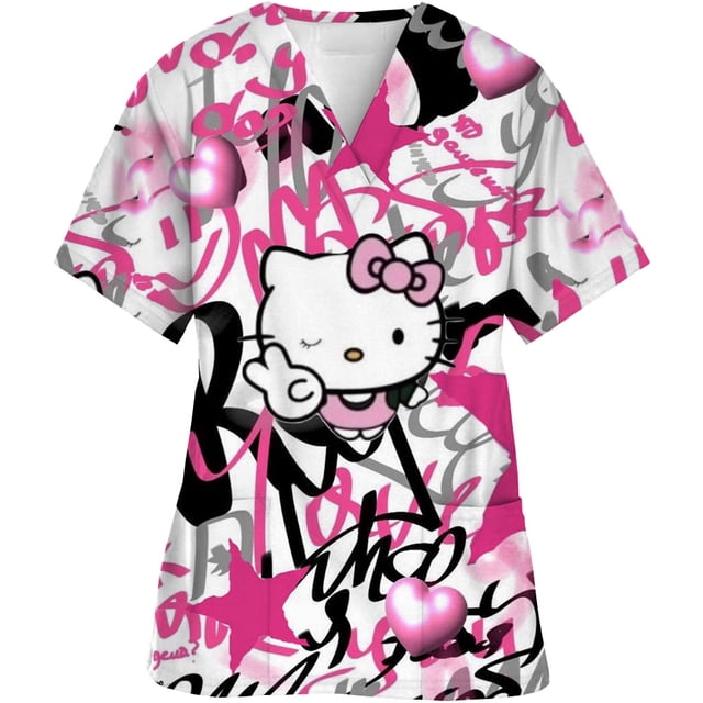Uniforme d'Infirmière Kawaii, Hauts de Blouses Médicales pour Femmes, Imprimé Hello Kitty, Manches Courtes, Poches
