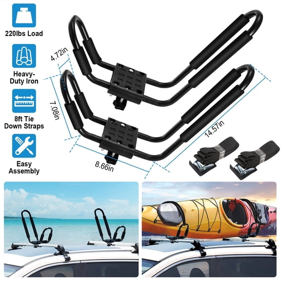 Universal Kayak Roof Rack J-Hook Style Heavy Duty 220lbs Load Capacity 1 Pair Kayak Carrier Canoe Paddleboard Surf Ski Holder Fits Round Square Oval Factory Crossbars for Car SUV Truck