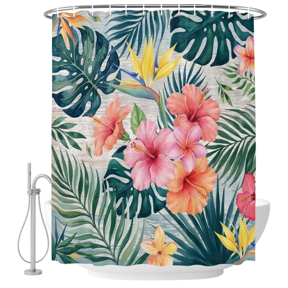 Pink Flower Shower Curtain Set with Hooks, Palm Leaves Summer Coastal Tropical Botanical Water Repellent Shower Curtains for Bathroom Decor Sturdy Shower Curtain, Machine Washable 48x72 Inch