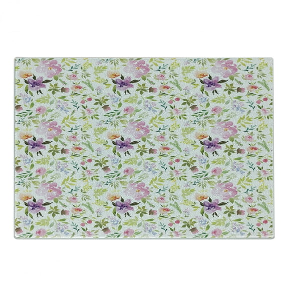 Watercolor Cutting Board, Various Flowers Flourishing Spring Meadow Gentle Blooms Feminine Design Romantic, Decorative Tempered Glass Cutting and Serving Board, Small Size, Multicolor, by Ambesonne