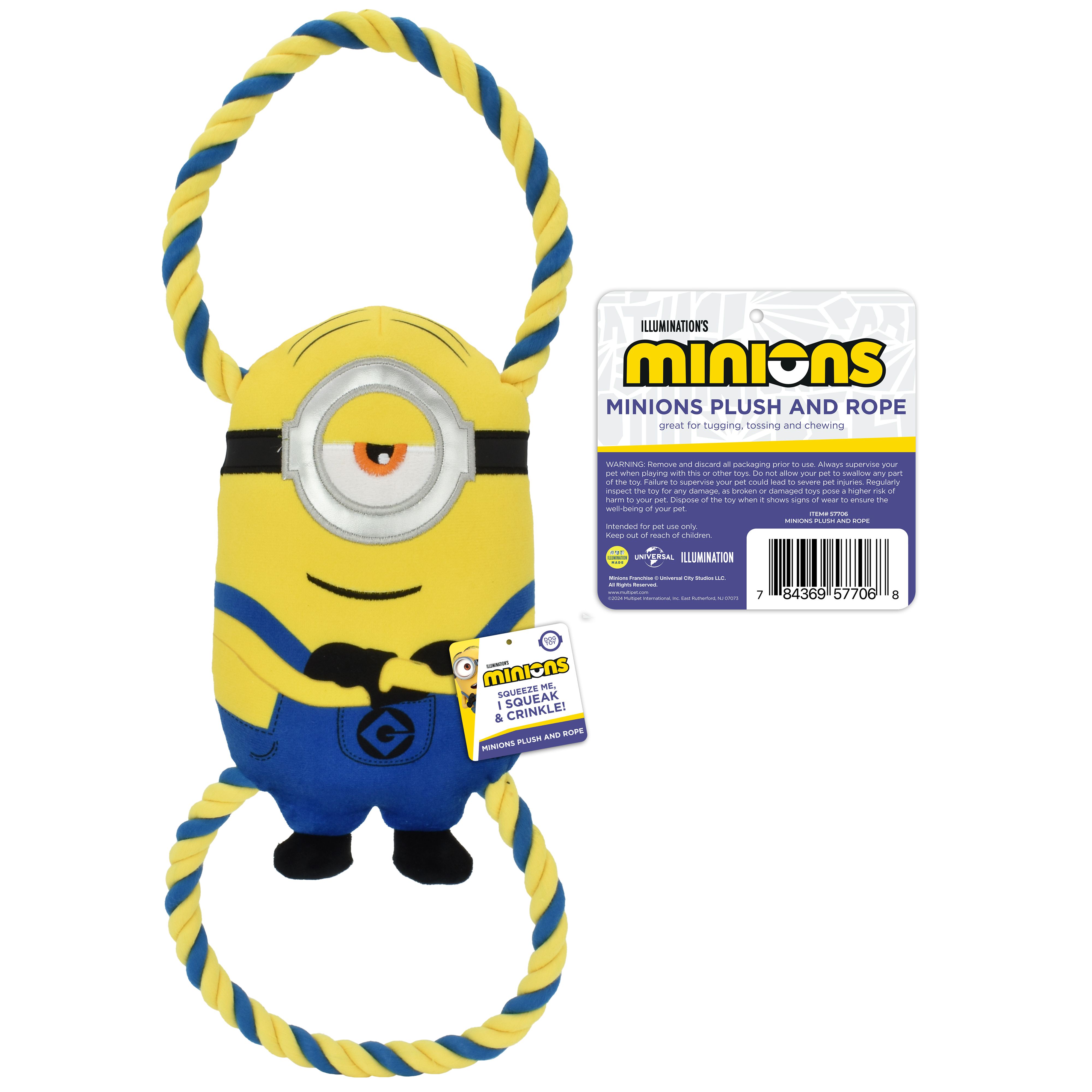 Multipet Minions Stuart Plush and Rope Tug Dog Toy with Squeaker and Crinkle, Large