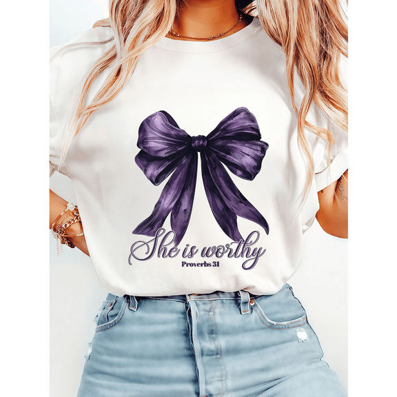 Proverbs 31 She is Worthy & Purple Bow Print Tshirts Biblical Verse Christian Graphic Tees Positive Spiritual Shirts Wear Trendy Tops for Women Daily Outfits White,M