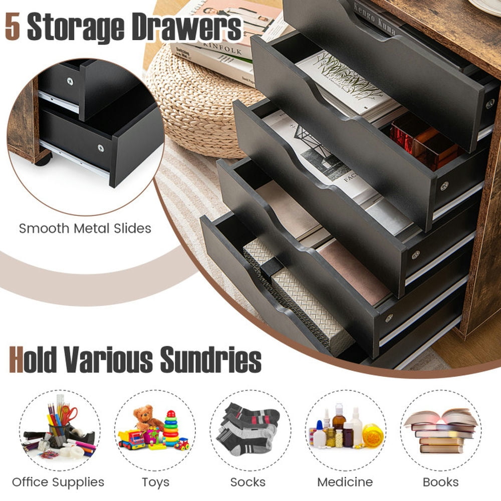 Demi Bonn 5 Drawer Mobile Lateral Filing Cabinet Storage Home Office Floor Cabinet with 4 Wheels, Brown