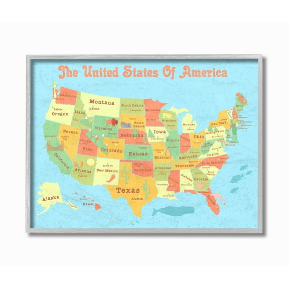 Stupell Industries United States of America USA Kids Map Graphic Art Gray Framed Art Print Wall Art, 11x14, by Daphne Polselli
