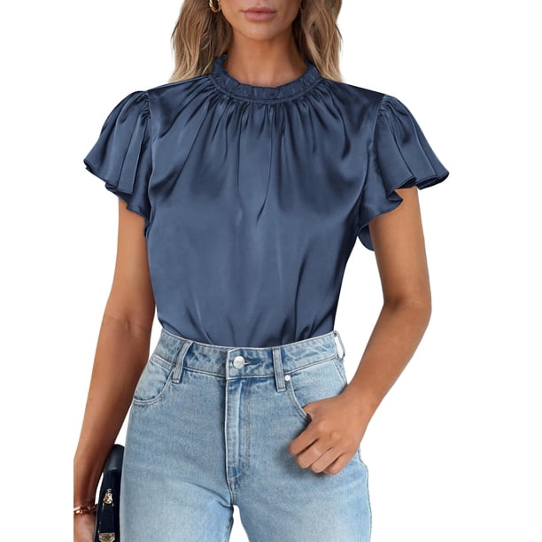 Blusa Mujer PRETTYGARDEN Manga Corta con Volantes Satinada Gris Azul M