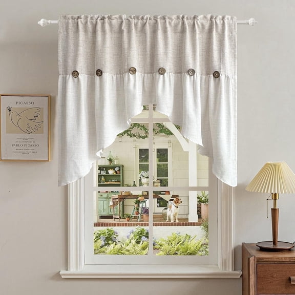 Beige Linen Curtain Swag for Living Room Button Kitchen Curtain Farmhouse Valance Privacy Rod Pocket Boho Window Tiers for Small Windows Bathroom Bedroom 1 Panel, W52 x L35 inch