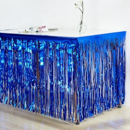 

Taehoxa Table Skirt Foil Fringe Curtains Blue Gold Pink Glossy Metallic Tinsel For Party Birthday Gatherings Holiday Wedding Decorations