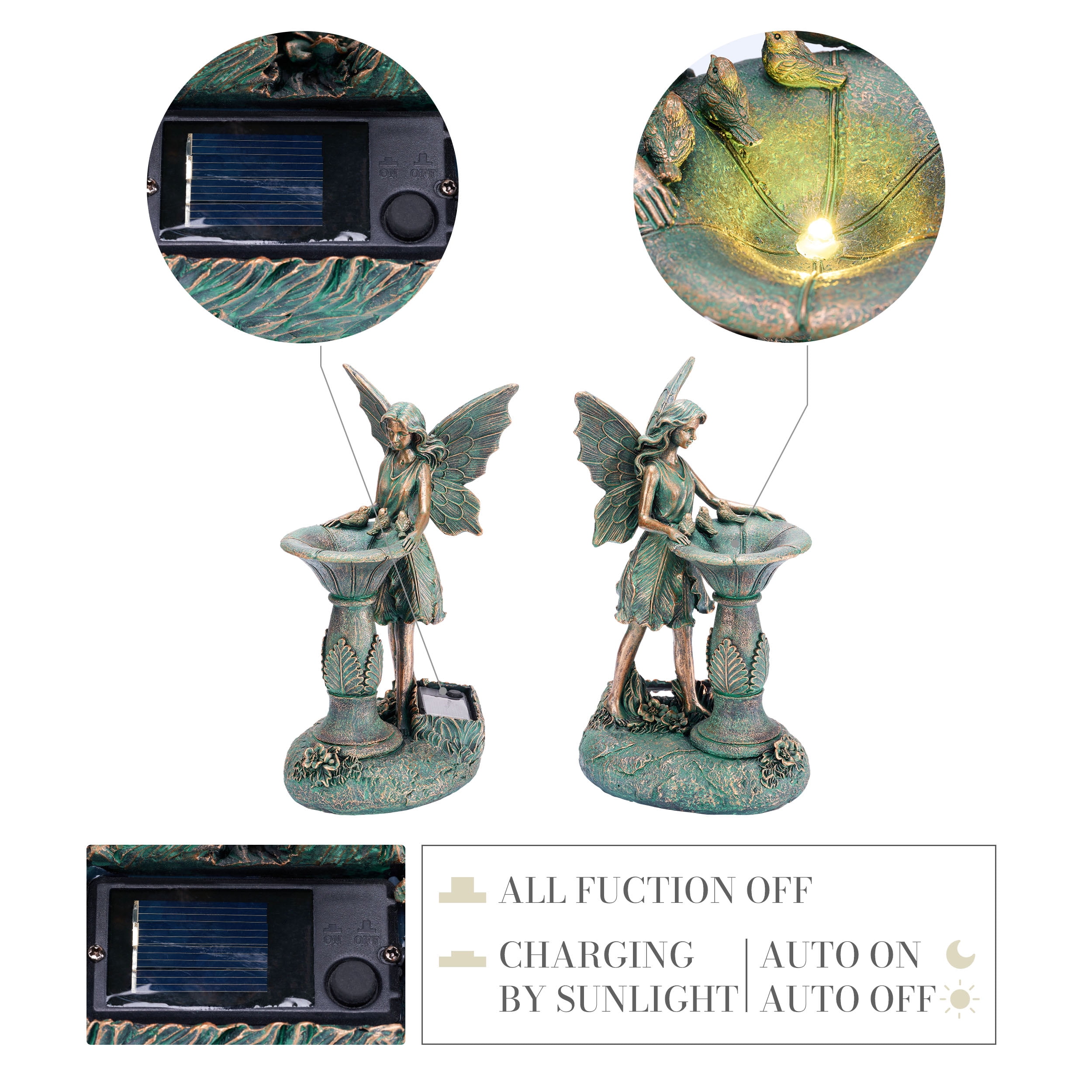 TERESA'S COLLECTIONS 9.4" Fairy Garden Statue with Solar Outdoor Light, Bronze Resin Sculpture