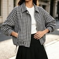thumbnail image 6 of DISKEBUISS Women's Cropped Gingham Plaid Jacket Lapel Zip & Snap Long Sleeve Short Outerwear for Fall Winter, 6 of 7