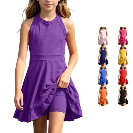 WERYOUNG Girls Summer Dresses Solid Color Casual Strap Dress Sport Yoga Activewear Dresses For Daily Play And Dance Stylish Sundresses 9-12 Months