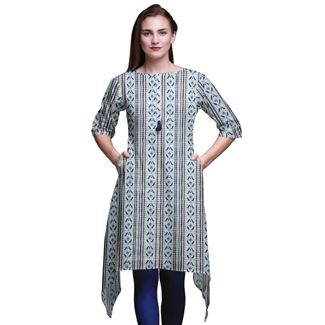 Bimba Kurti Asymétrique Bleu Ikat Shibori Imprimé pour Femmes Robe d'Été Indienne Tunique Petit