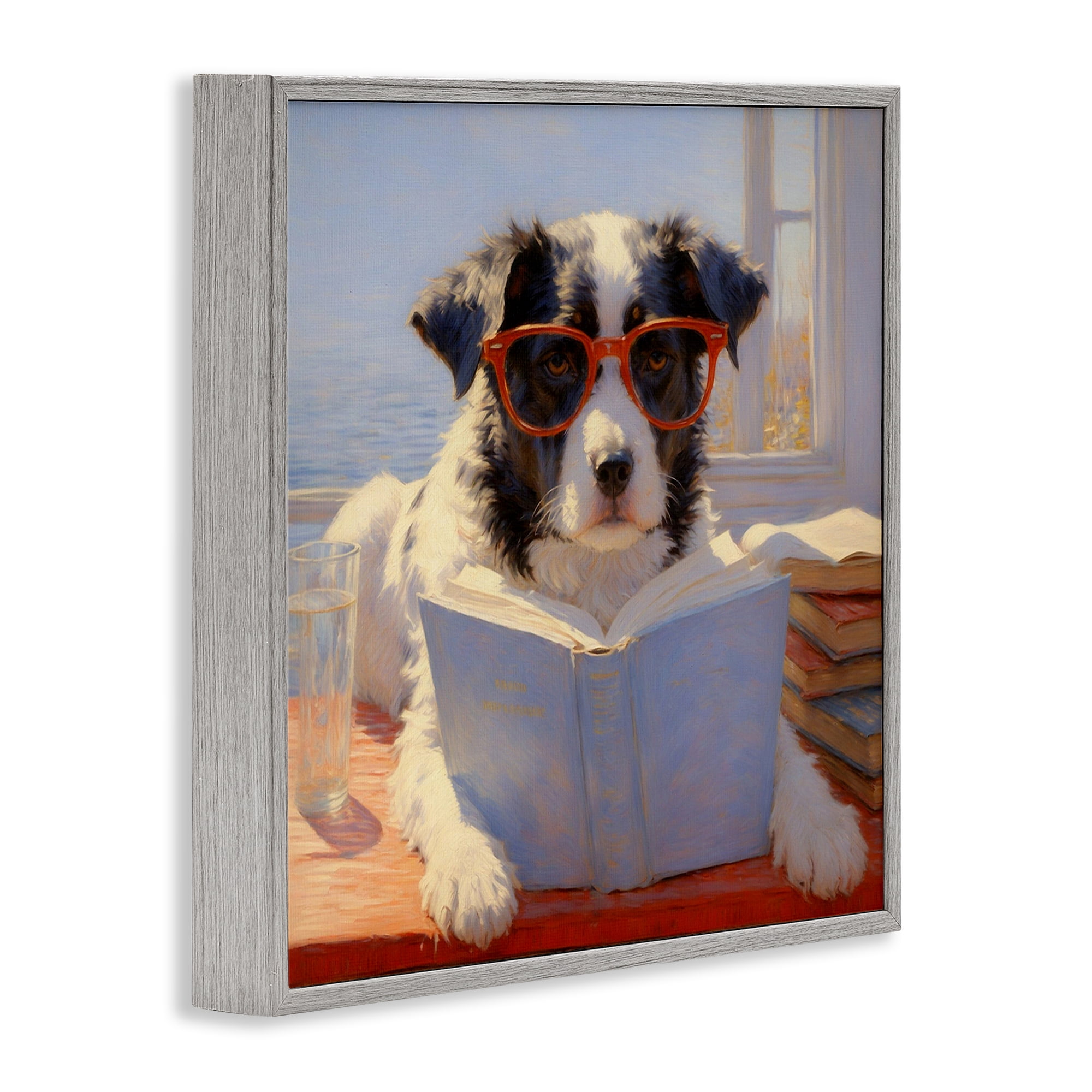 Stupell Industries Sunlit Dog Reading By Window Gray Framed Giclee Art, design by Angie Hawke