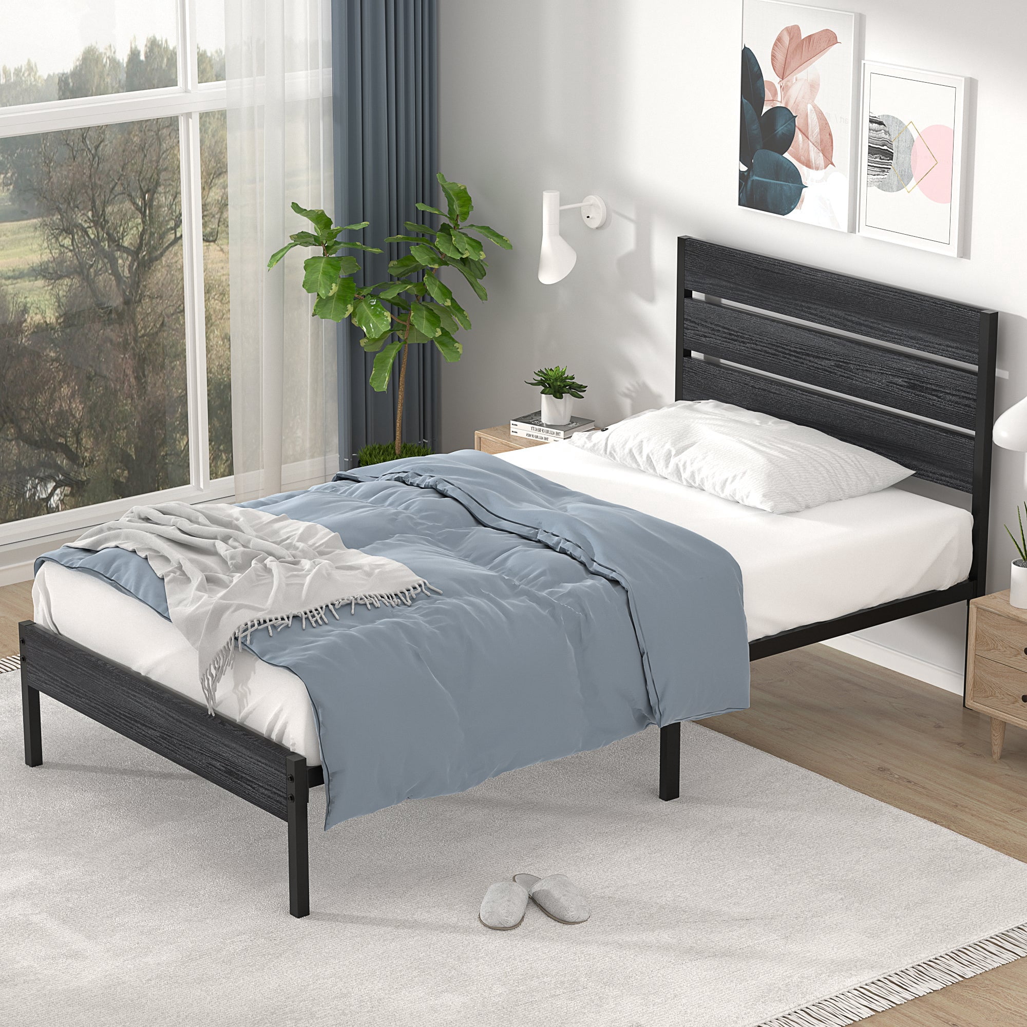 Katkuca Twin Size Metal Bed Frame, Industrial Platform Bed with Wood Headboard and Footboard, Heavy-Duty Metal Mattress Foundation, Easy Assembly, No Box Spring Needed, Black