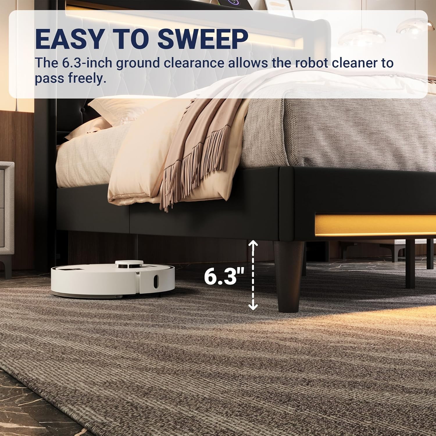 Allewie Upholstered Queen Size Platform Bed Frame with LED Light and Charging Station, Button Tufted High Headboard, Wingback Design, Noise Free, Easy Assembly, No Box Spring Needed, Black