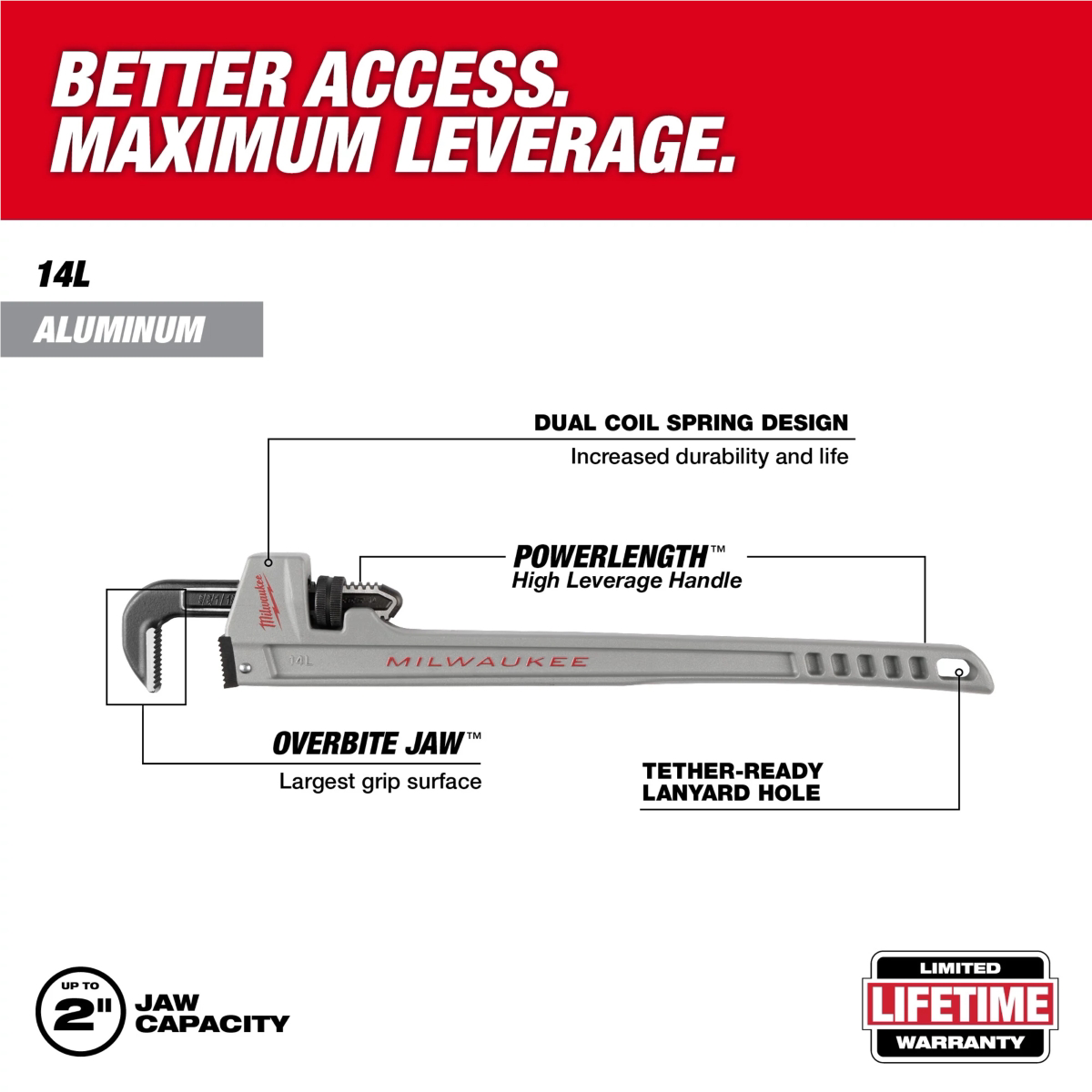 Milwaukee Tool 14L Aluminum Pipe Wrench with POWERLENGTH Handle