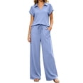 thumbnail image 2 of VBVC Women's Collared V-Neck 2 Piece Lounge Set, Casual Summer Tracksuit Outfit with Drawstring Wide Leg Pants and Pockets,Blue,S-2XL, 2 of 4