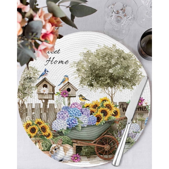 15 Inch Round Placemats Set of 6, Spring Flowers Non Slip Heat Insulation PP Table Mats, Farmhouse Garden Hydrangea Sunflowers Bunny Washable Place Mats for Kitchen Dining Party Table Decor