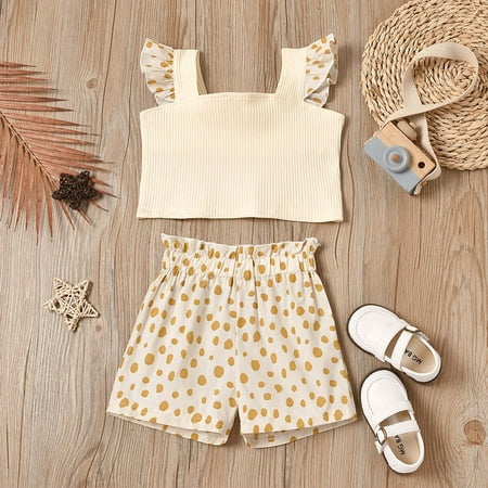 

Leutsin Toddler Baby Summer Clothes Sleeveless Sling French Rib Top Dots Shorts Suit