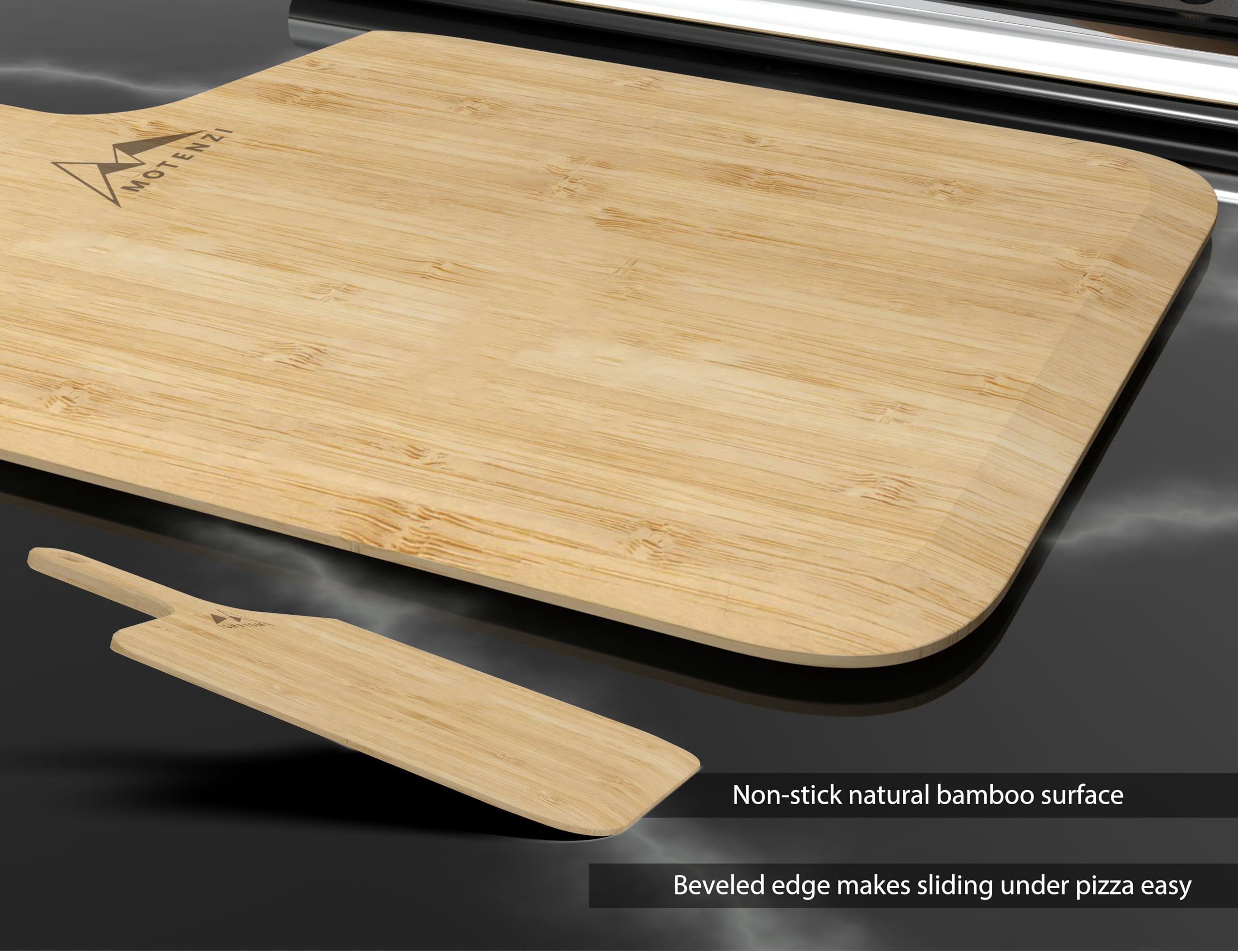 MOTENZI Bamboo Pizza Peel With Cutter and Server, Bamboo Pizza Board Wooden Pizza Paddle Spatula Oven Accessory for Baking Homemade Pizza, Wood Cutting Board for Cheese Bread Fruit Vegetables