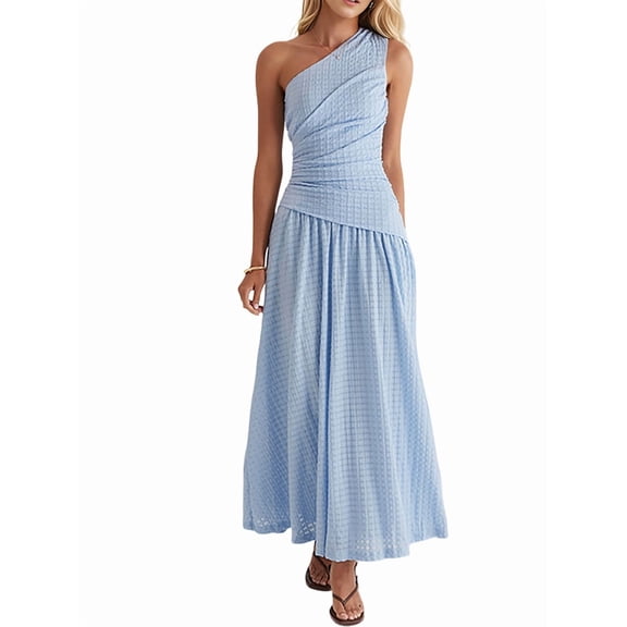 Formal Maxi Prom One Shoulder Pleated Cocktail Dress Women Wedding Guest Daily Long Party Dresses Light Blue S