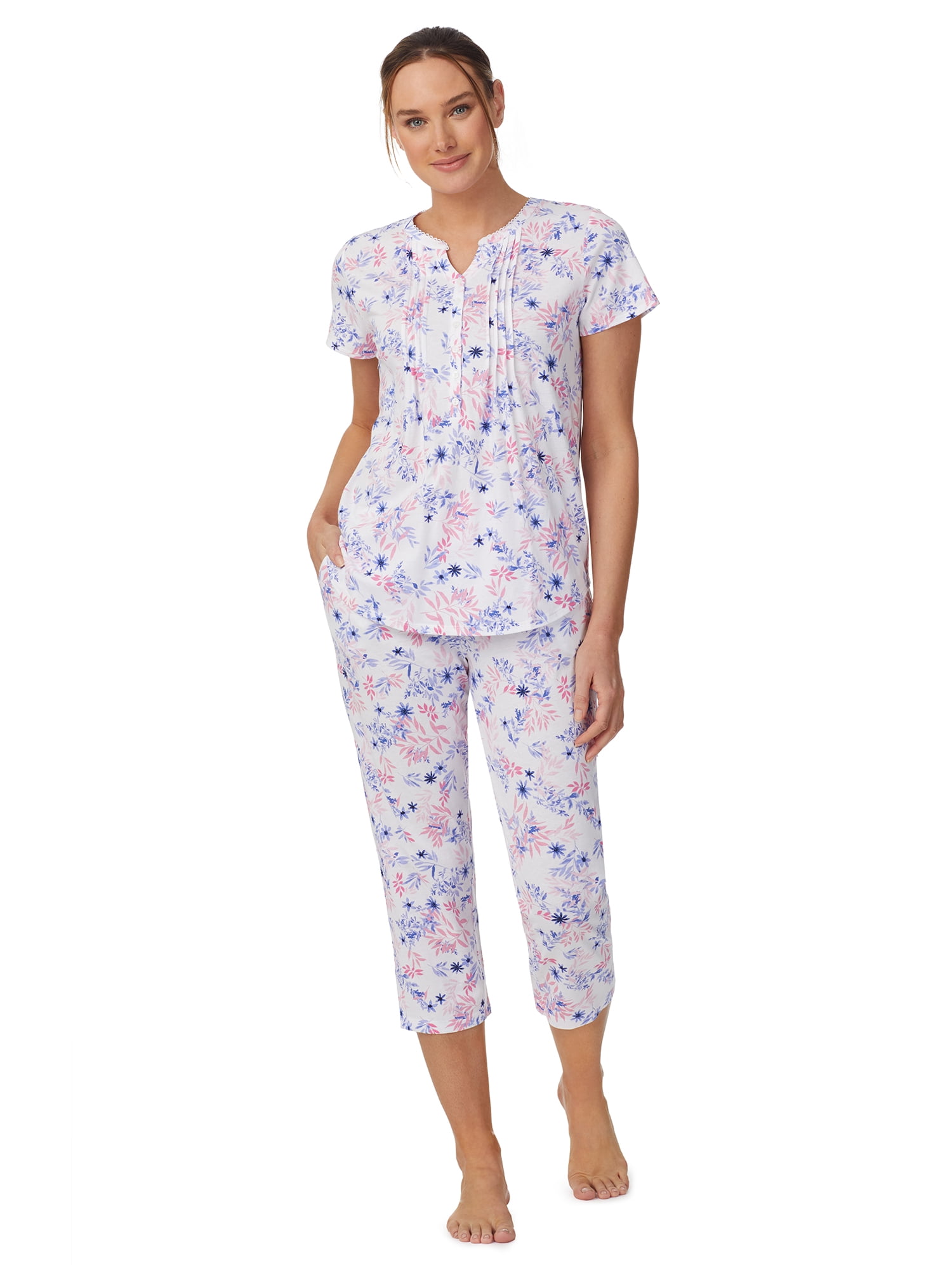 Aria Short Sleeve 100 Cotton Cropped Pajama Set with Pockets, Women’s