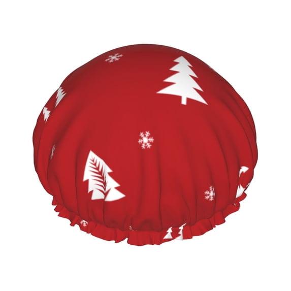 YFYANG Women's Double Waterproof Shower Cap, Red Christmas Tree Reusable Hair Cap for All Hair Styles and Head Sizes