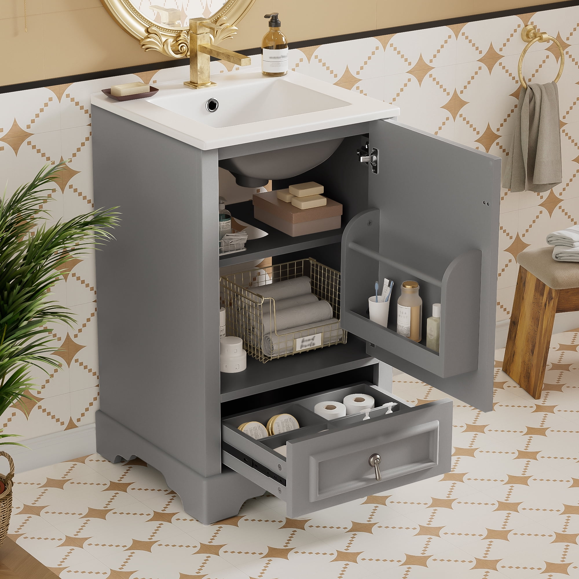 Euroco 20 Inch Bathroom Vanity with Ceramic Sink, Soft Close Door, Adjustable U-Shaped Shelf, Compartment Drawer and Door Storage Rack, Modern Style, Space-Saving Design