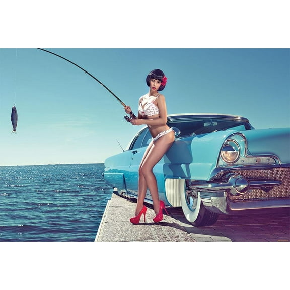 Hot Girl Fishing Retro Classic Car Auto Beauty Woman Wall Art - 12x18 Inch Laminated Poster - Stunning Detail and Bold Colors