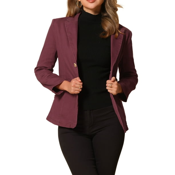 BLAZER DE DENIM PARA MUJER INSPIRADO CHIC DÍA DE LAS MADRES CON SOLAPA EN V Y HOMBROS RELLENOS EN COLOR BURDEOS