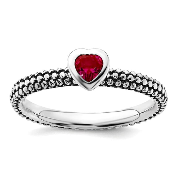 2.25mm 925 Sterling Silver Bezel Oxidized Stackable Polished Created Ruby Love Heart Ring Size 7 Stackable Ring for Wome