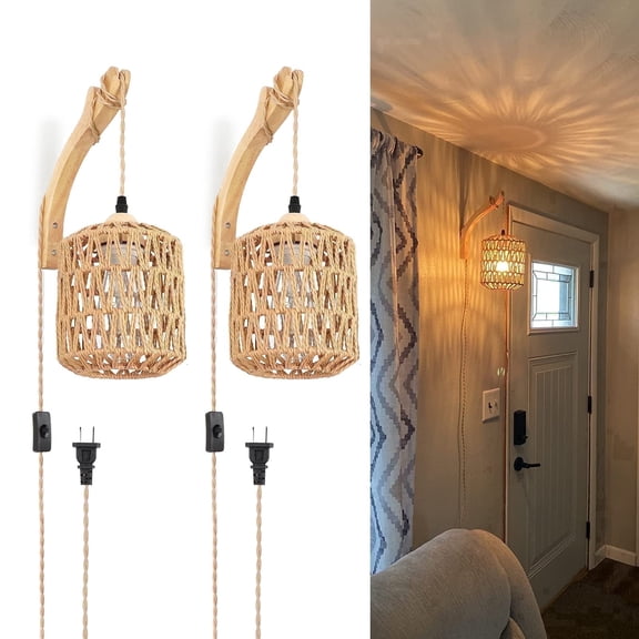 FRIDEKO HOME 9.84ft Rattan Plug in Wall Sconces Set of 2, Hand Woven Wall Lights with Paper Rope, Farmhouse Wall Lamp, Boho Wall Sconces for Bedroom Living Room