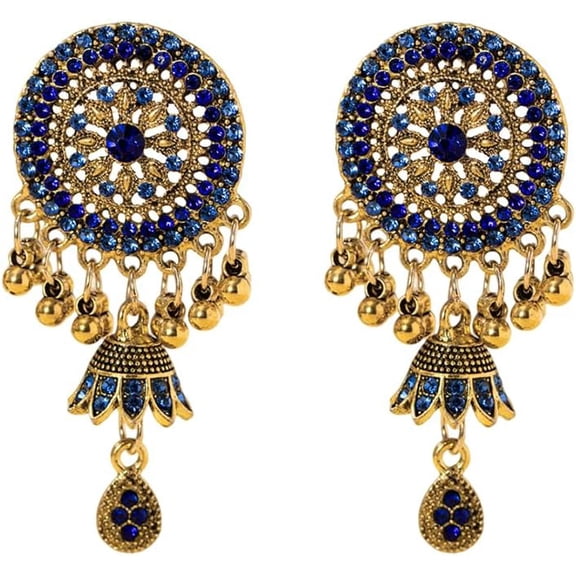 Rhinestone Jhumka Earrings for Women Bollywood Traditional Gypsy Crystal Beaded Tassel Oxidized Antique Indian Bell Jhumki Earring Drop Dangle Bohemian Ethnic Festive Party Wear Xmas Jewelry Gift