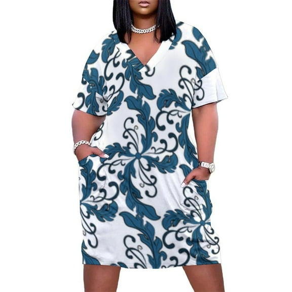 Blue Floral Seamless Pattern Design Women's Summer Short Sleeve Casual Dresses Party Dress