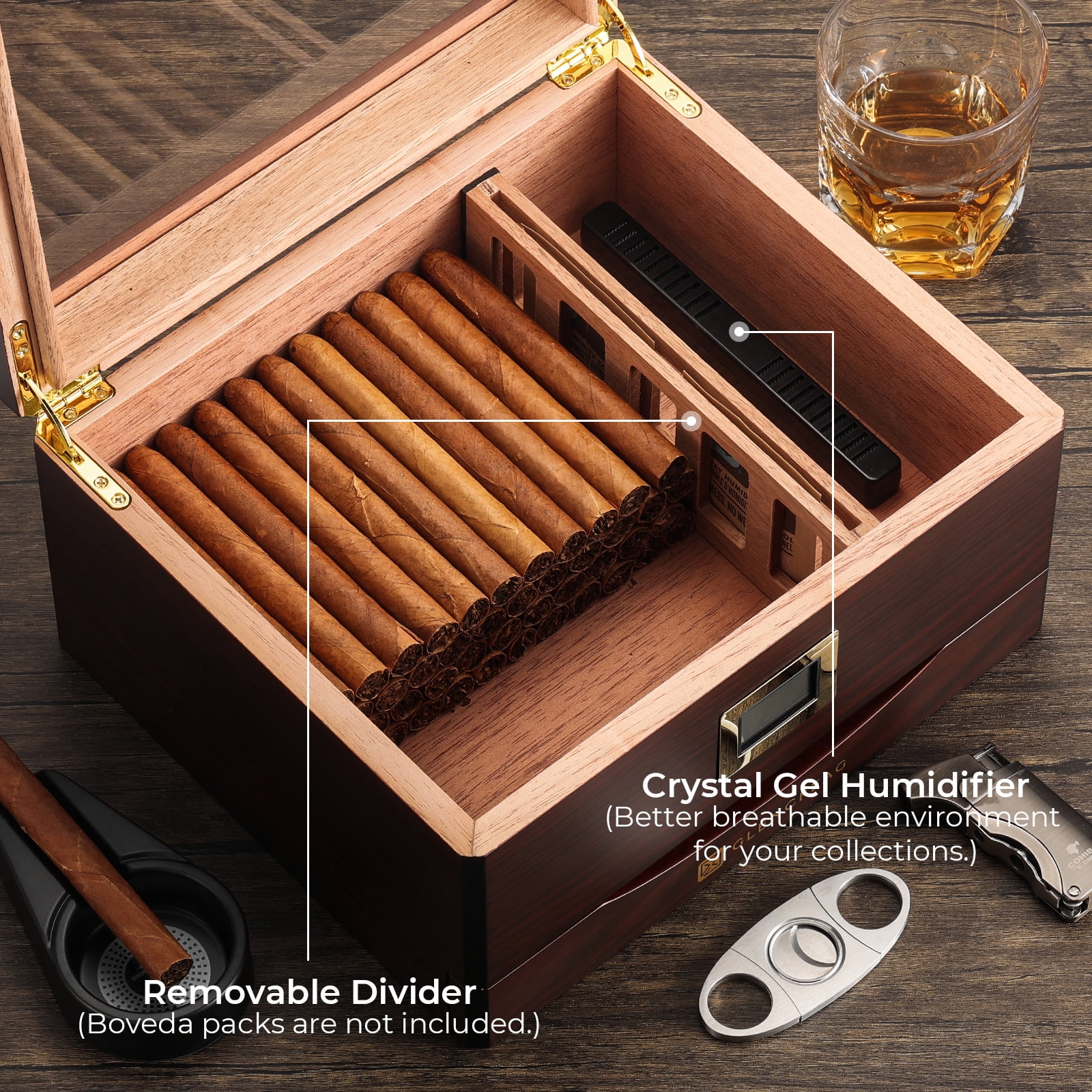 GLENCREAG MMT-3041 Cigar Humidor Box for 25 to 55 Counts, Glass Top with Spanish Cedar Lining & Divider, Gift for Cigar Lover