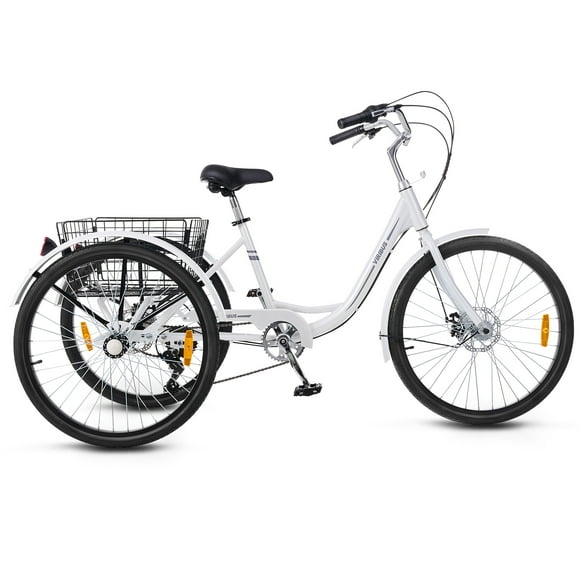 24" Adult Tricycle 7 Speed 3 Wheel Dual Chain Bike with Basket & 7-Speed Shimano Derailleur, White
