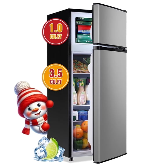 JIEJIA Double Door Small Refrigerator, 4.5 Cubic Feet Mini Fridge with 7-Level Adjustable Thermostat for Office, Dorm, Bedroom, Home and Apartment, Silver