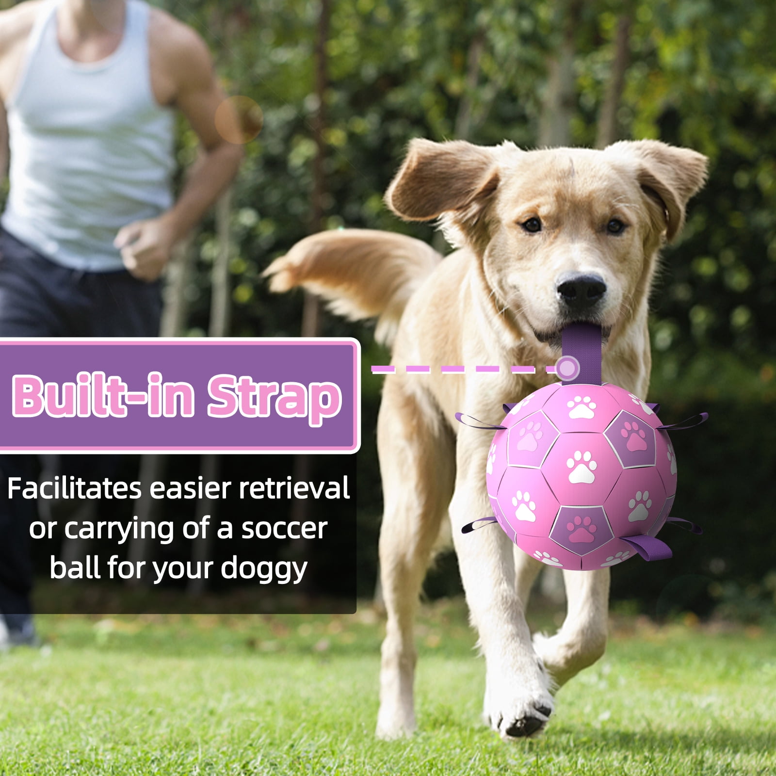 QDAN Durable Dog Toys Soccer Ball with Nylon Straps Hand Pump for Puppies Medium Large Dogs, Pink & Purple, 6-inch
